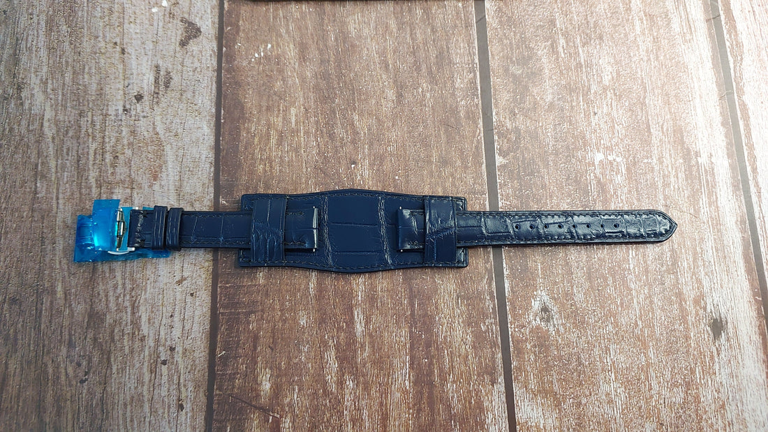 Dark Blue Full Grain Crocodile Leather Strap For Mid Century IWC Watch