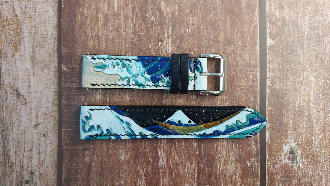 The Great Wave - Engraved Leather Watch Strap For Hamilton watch face