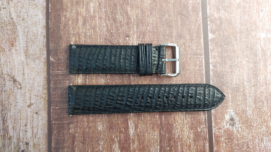 Black Full Grain Shark Skin Leather Strap For Helson Shark Diver 42mm Bronze Watch