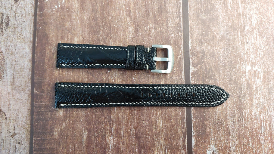 Black Full Grain Ostrich Leg Leather Strap For Fortis Pro Pilot Watch