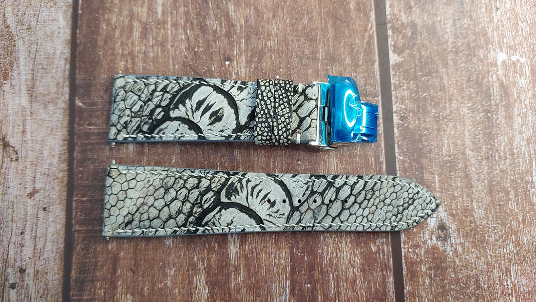 Gray Full Grain Ostrich Leg Stonewash Leather Strap