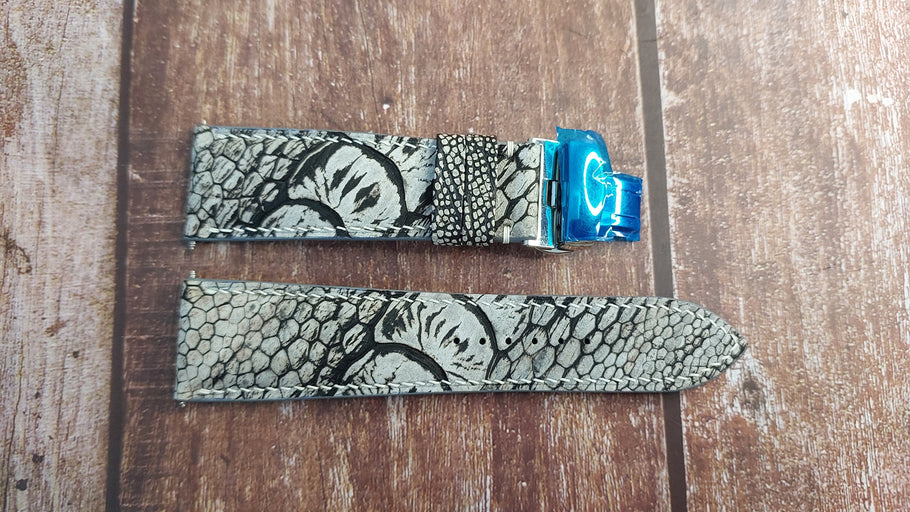 Gray Full Grain Ostrich Leg Stonewash Leather Strap