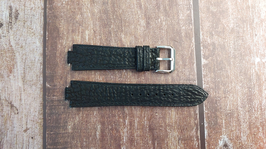 Black Sharkskin Leather Custom Notched Strap For Baume et Mercier Riviera Watch