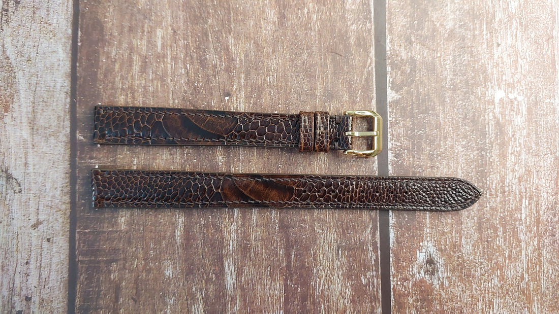 Dark Brown Full Grain Ostrich Leg Leather Strap For Douber Hampden antique gold Watch