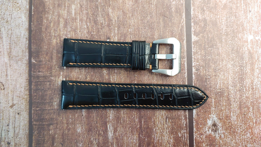 Black Full Grain Crocodile Leather Strap For Panerai Luminor Due Watch