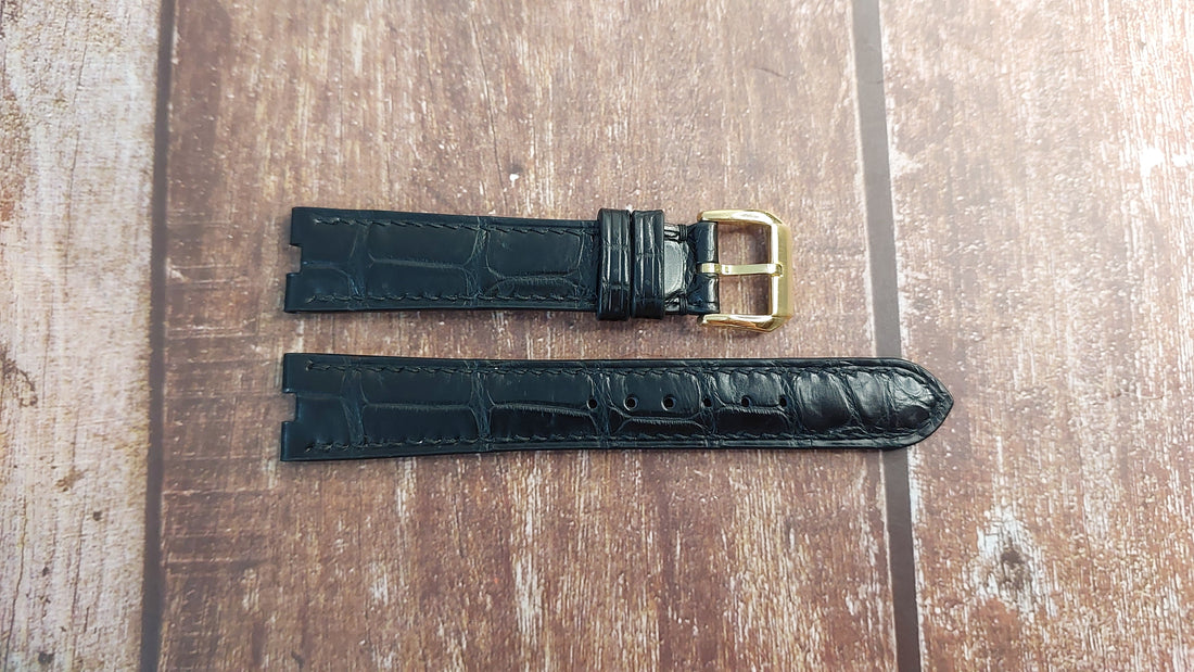 Black Crocodile Leather Custom Notched Strap For Traditional Gold Pin Buckle Watch