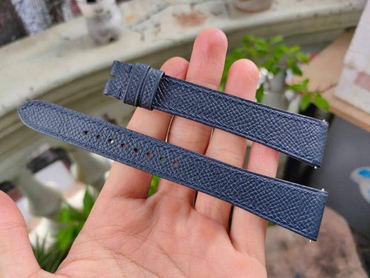 Navy Epsom Leather Custom Strap For Gold Cartier Paris Vermeil Tank Quartz Argent 925