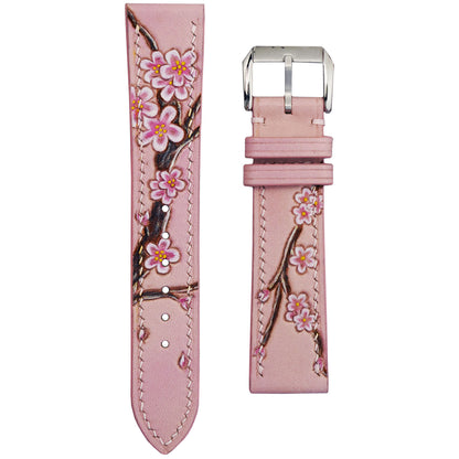 桜の花 - 彫刻レザー腕時計ベルト