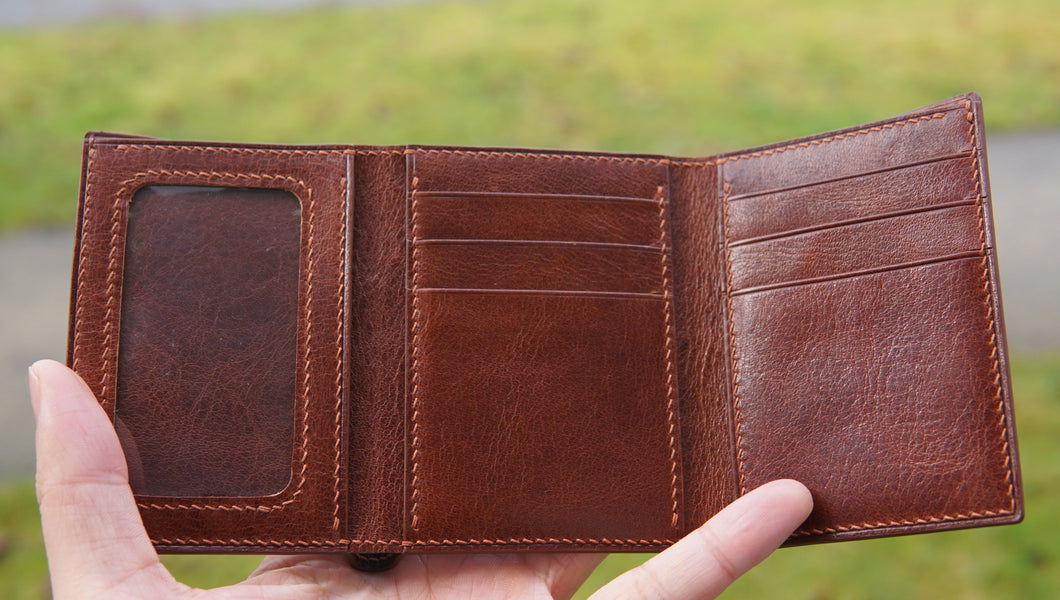 カーフスキンレザー/三つ折り式財布 – ダークブラウン